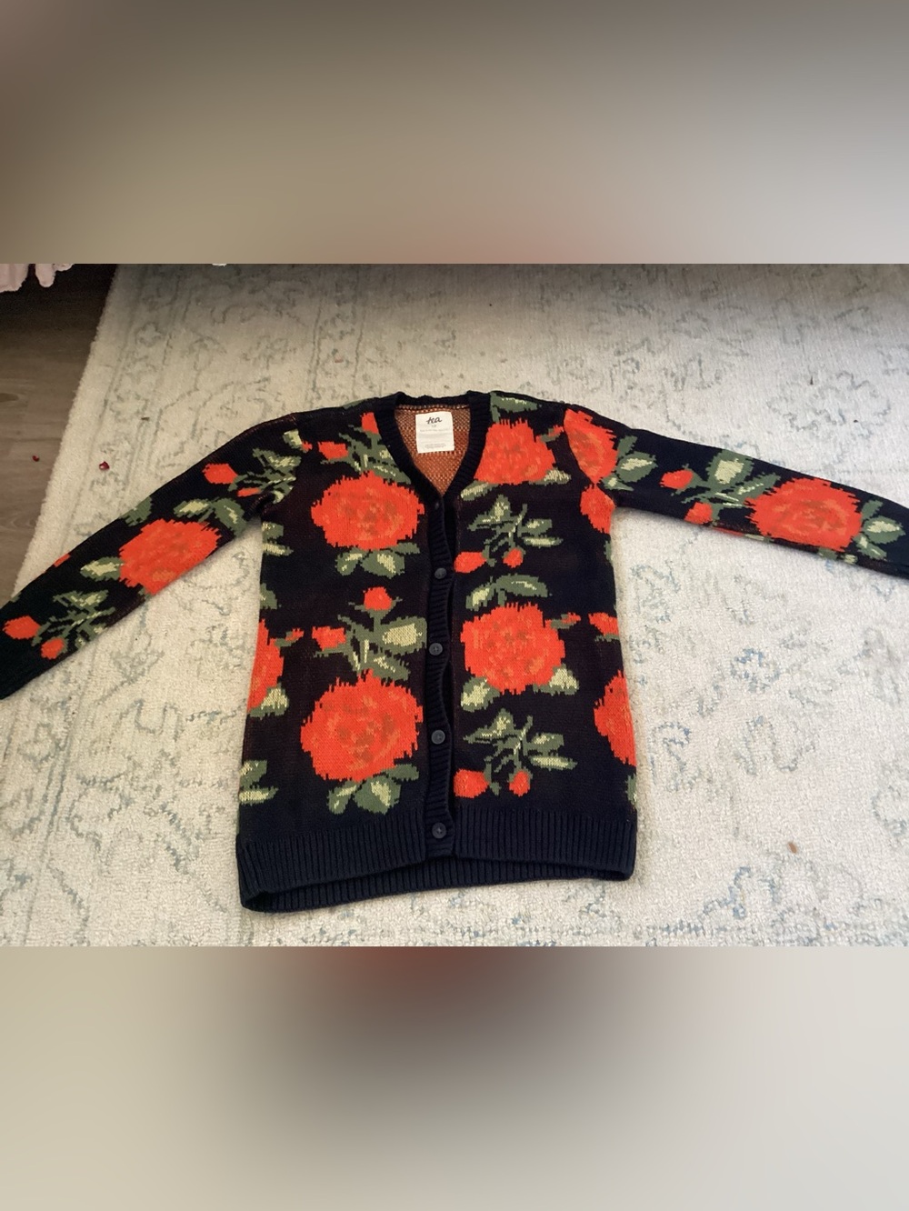 Tea Collection Black Cardigan with Red Floral Print